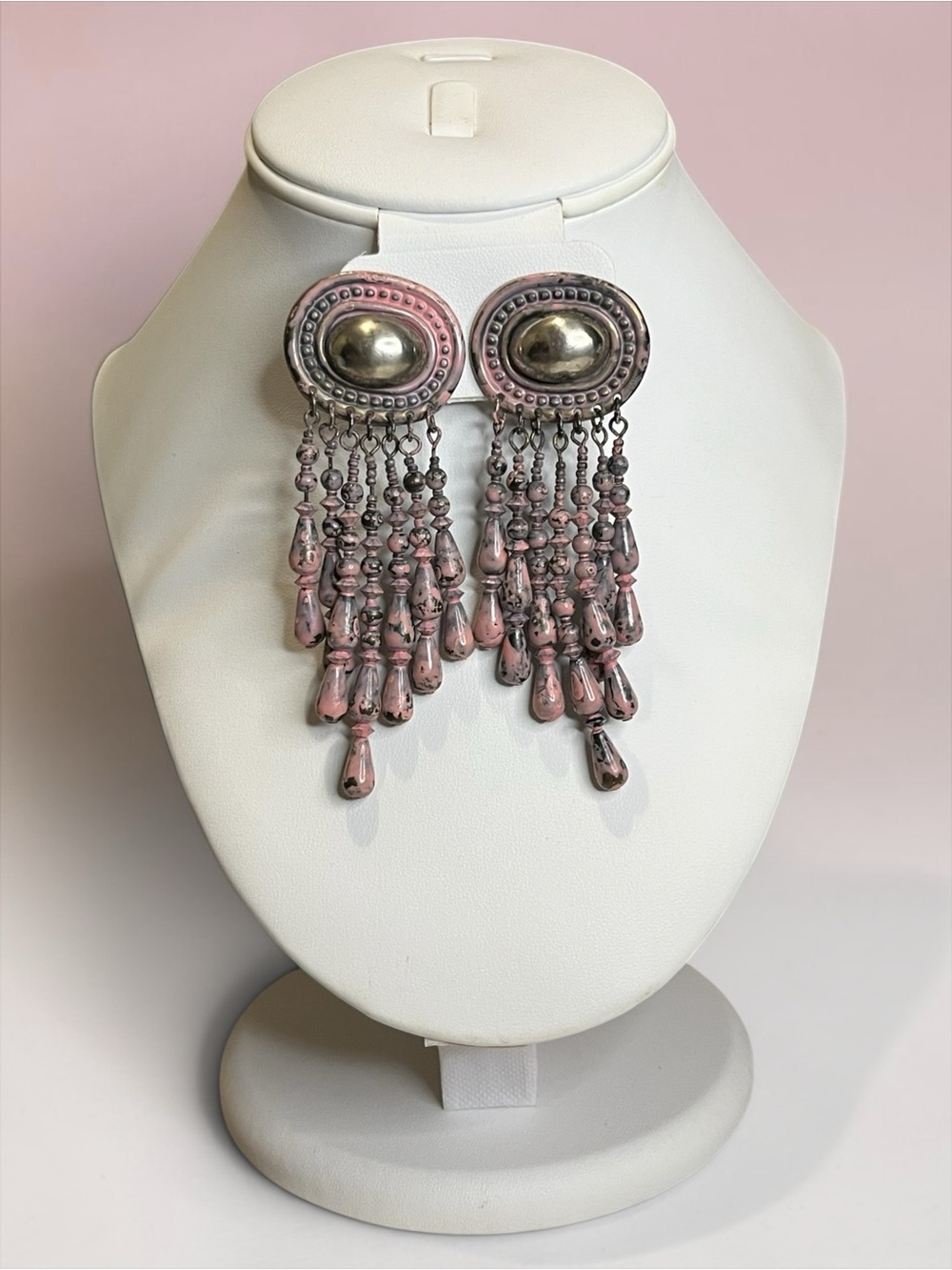 Boho Hand Painted Silver Tone Beaded Drop Stud Earrings CC Z